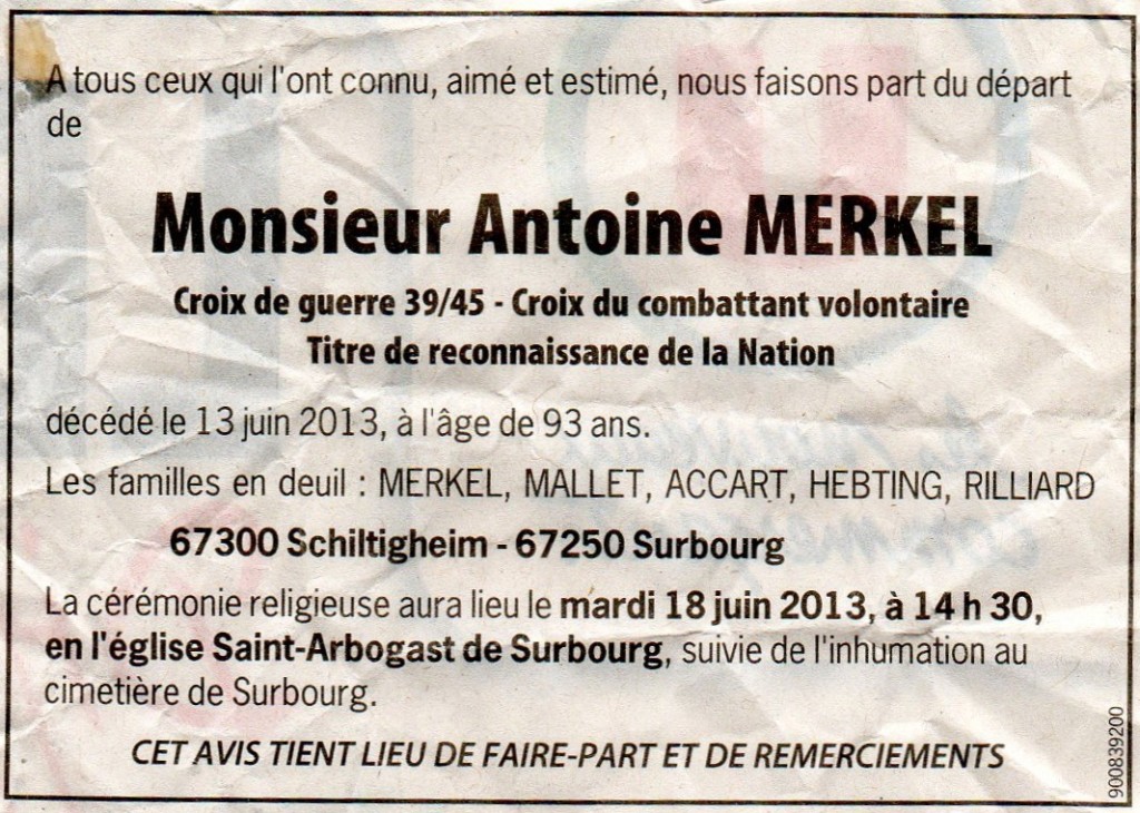 Surbourg 2013-06-16 faire-part décès Antoine MERKEL né 1920